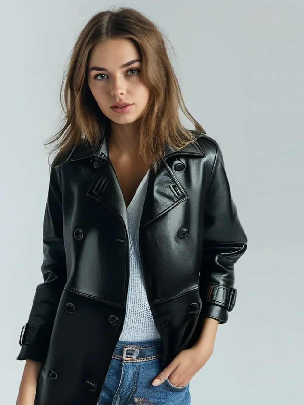 Double-Breasted Epaulette Leather Coat for Women