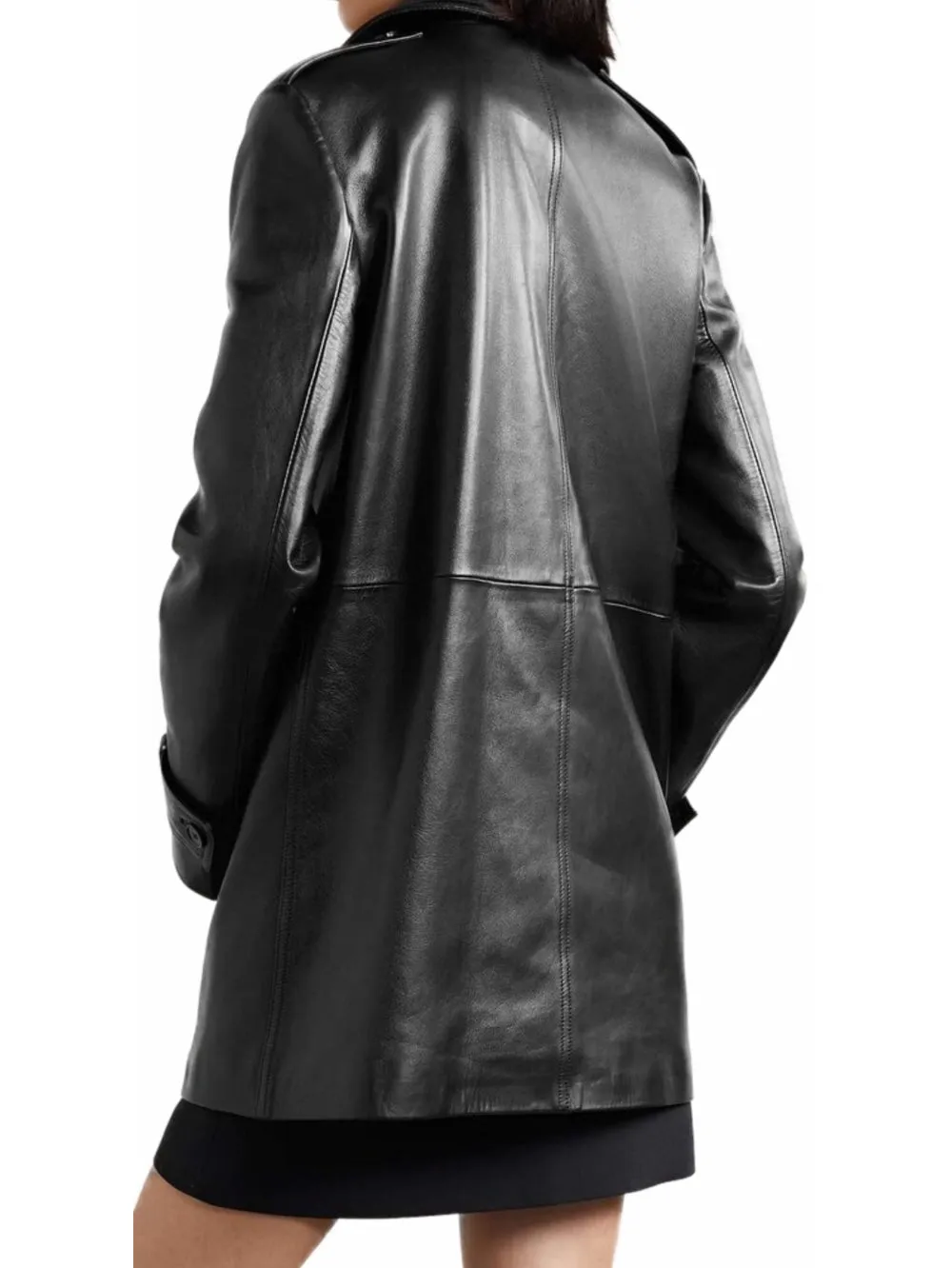 Double-Breasted Epaulette Leather Coat for Women