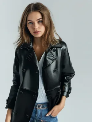 Double-Breasted Epaulette Leather Coat for Women