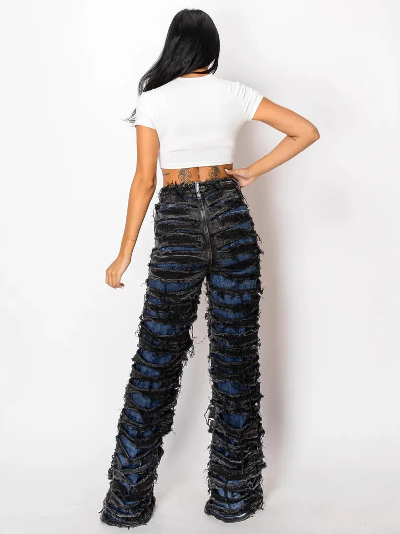 Edgy High-Waisted Double Ripped Wide-Leg Denim Pants