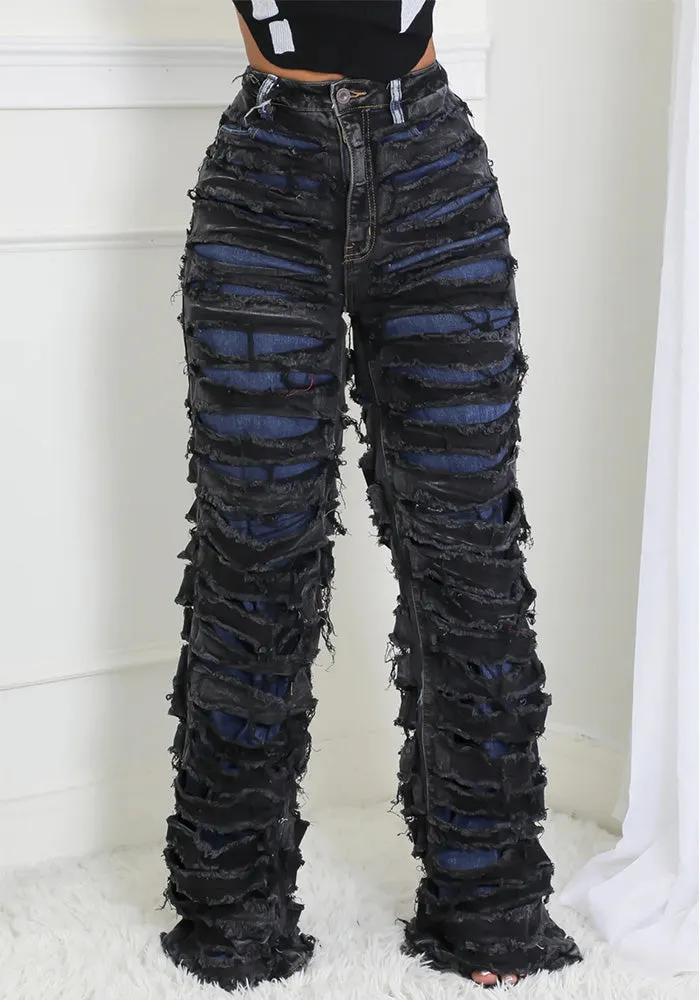 Edgy High-Waisted Double Ripped Wide-Leg Denim Pants
