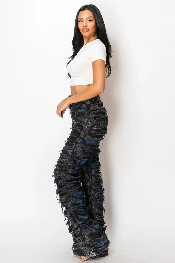 Edgy High-Waisted Double Ripped Wide-Leg Denim Pants