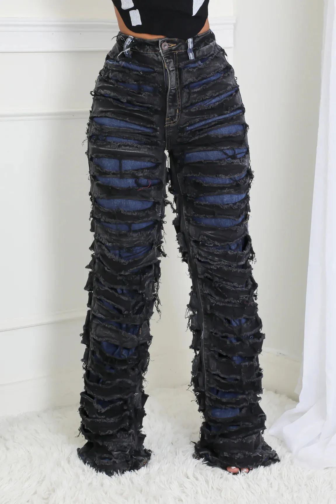 Edgy High-Waisted Double Ripped Wide-Leg Denim Pants