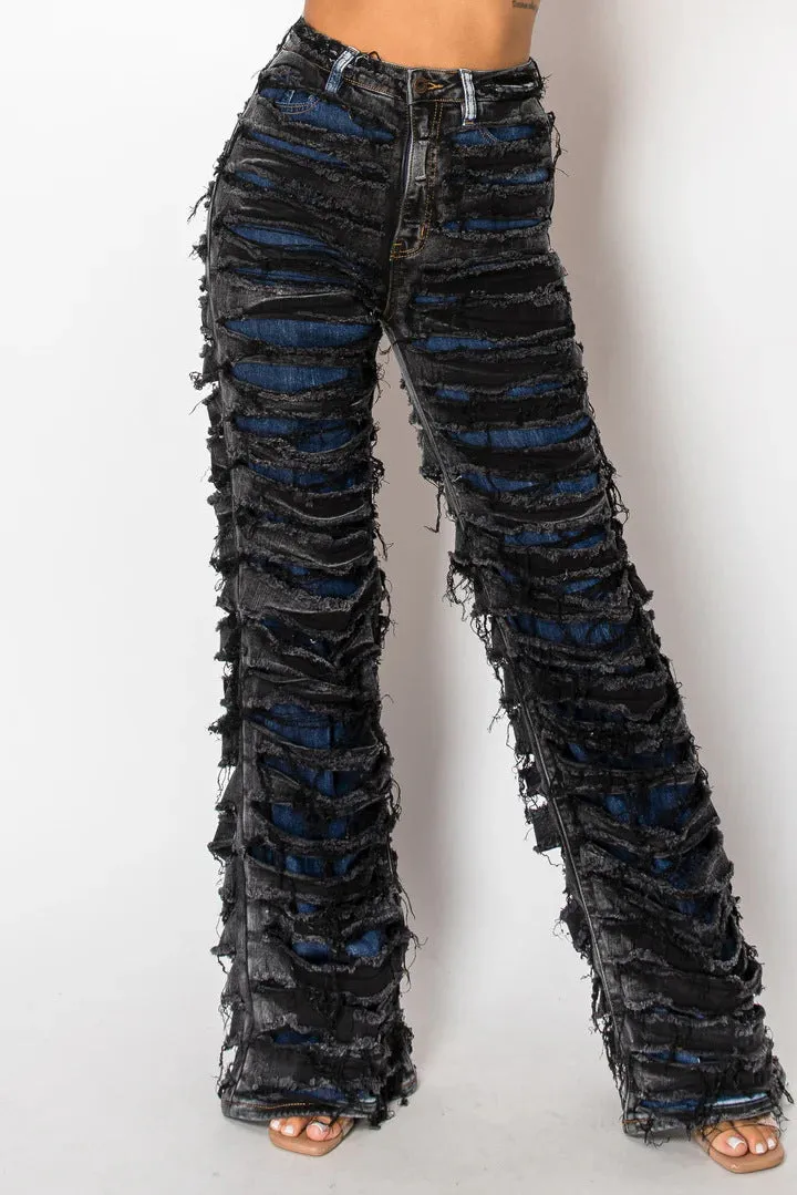 Edgy High-Waisted Double Ripped Wide-Leg Denim Pants