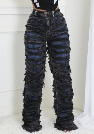 Edgy High-Waisted Double Ripped Wide-Leg Denim Pants