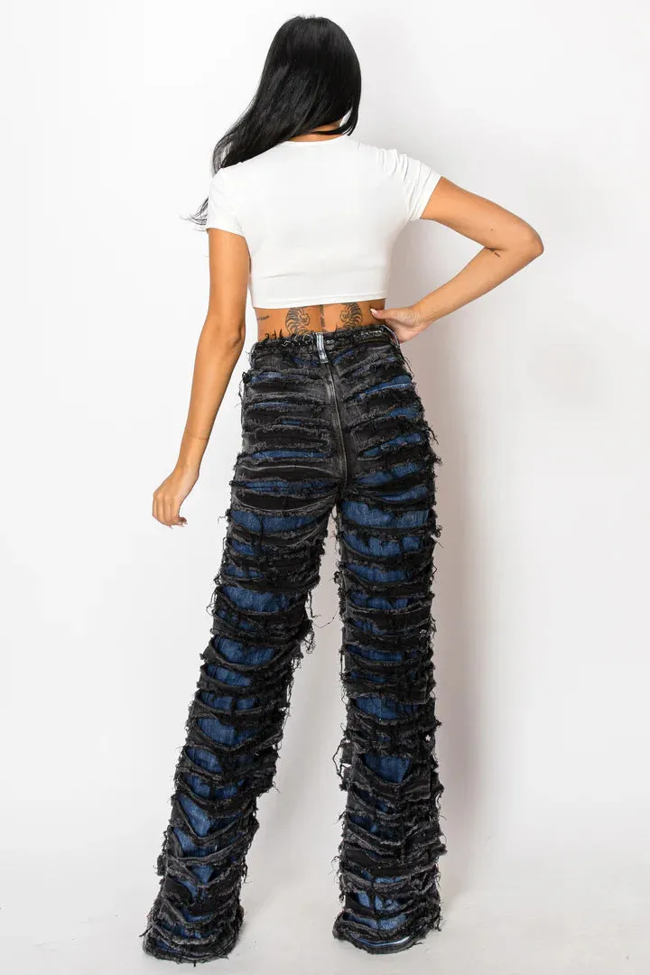 Edgy High-Waisted Double Ripped Wide-Leg Denim Pants