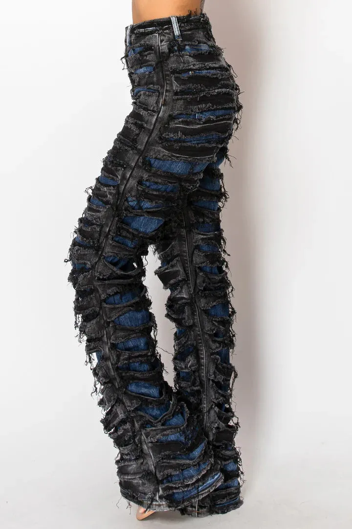 Edgy High-Waisted Double Ripped Wide-Leg Denim Pants