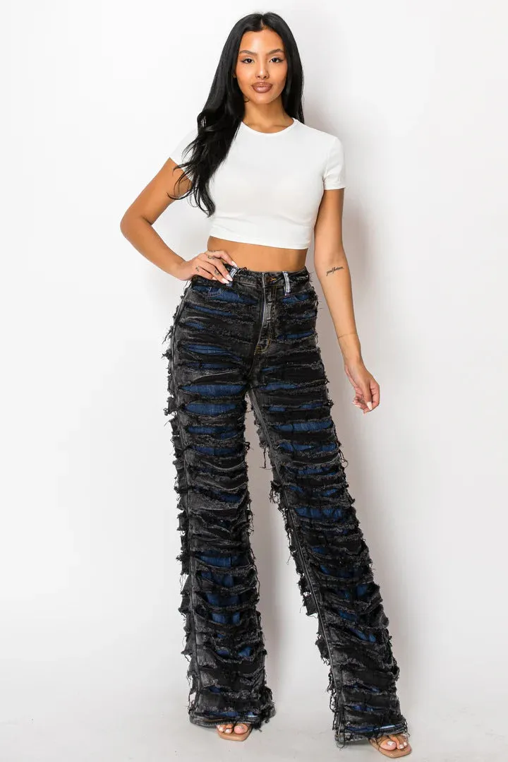 Edgy High-Waisted Double Ripped Wide-Leg Denim Pants