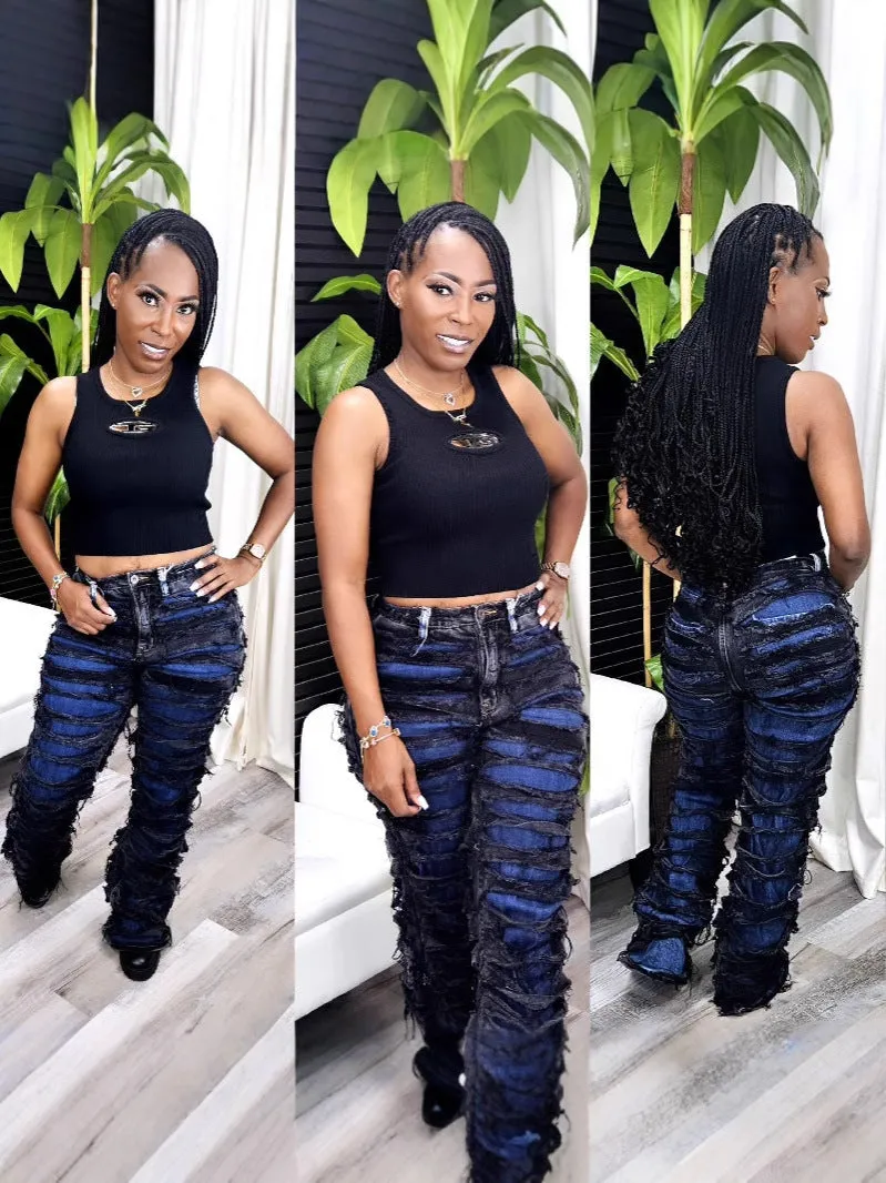 Edgy High-Waisted Double Ripped Wide-Leg Denim Pants