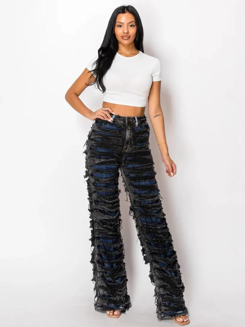Edgy High-Waisted Double Ripped Wide-Leg Denim Pants