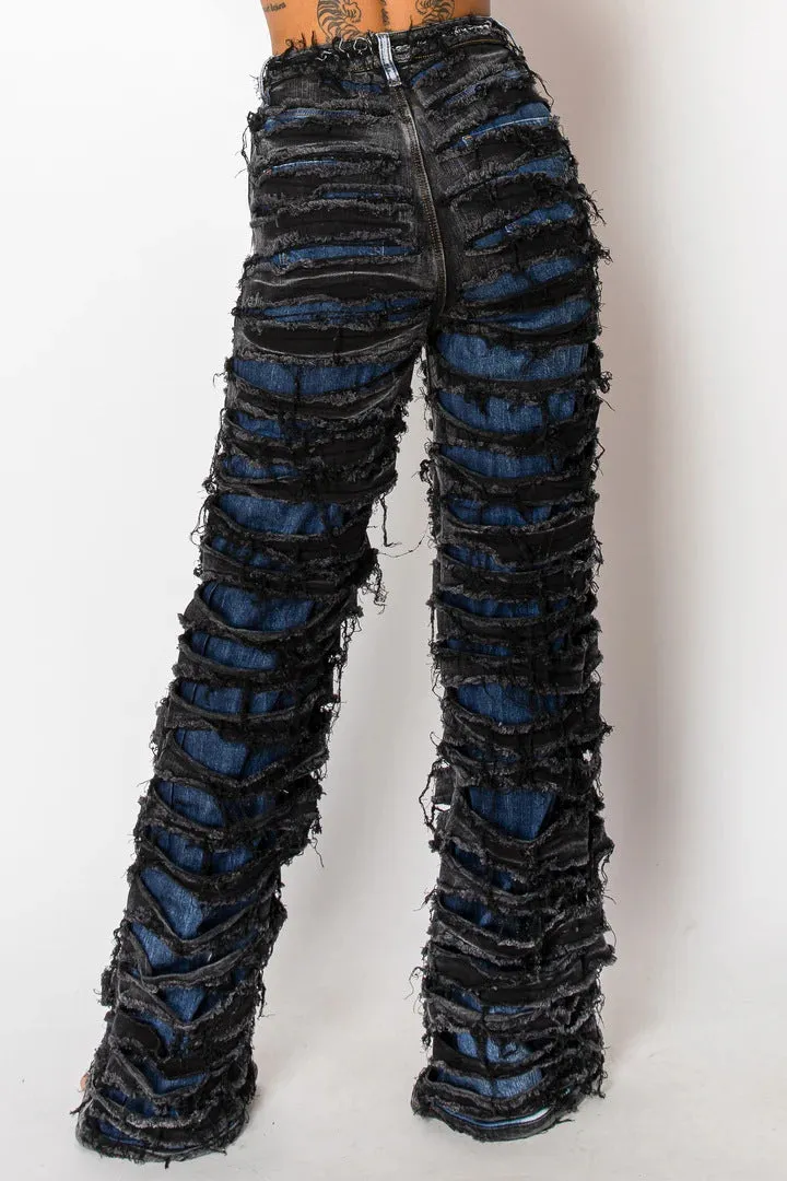 Edgy High-Waisted Double Ripped Wide-Leg Denim Pants