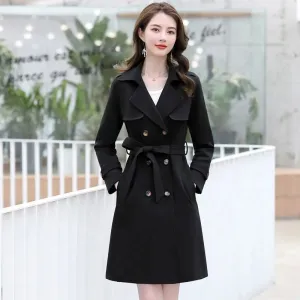 Elegant Double Button Long Sleeve Belted Trench Coat with Solid Color for Women | Perfect for Everyday Wear