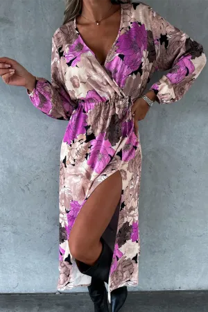 Elegant Floral Slit V Neck Printed Dresses