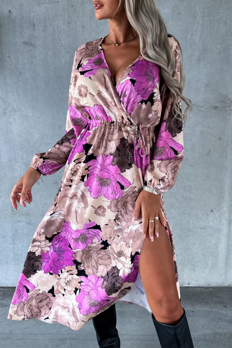 Elegant Floral Slit V Neck Printed Dresses