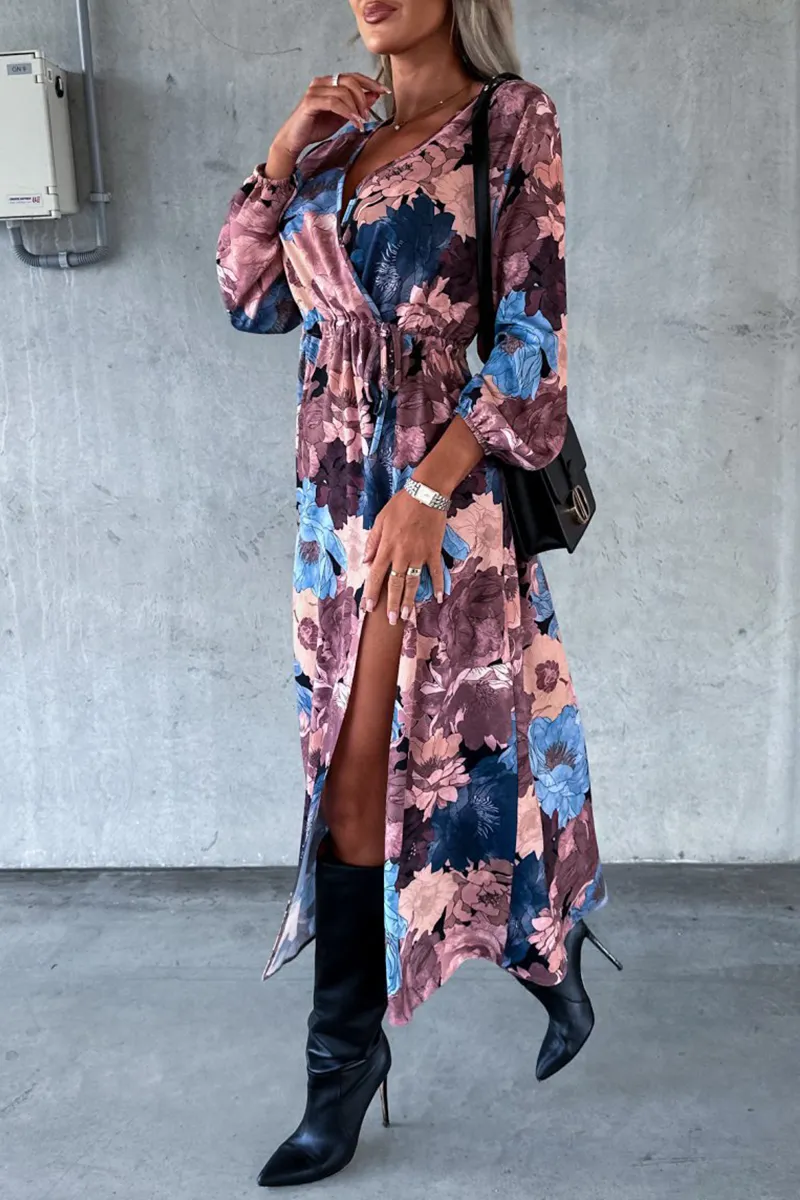 Elegant Floral Slit V Neck Printed Dresses