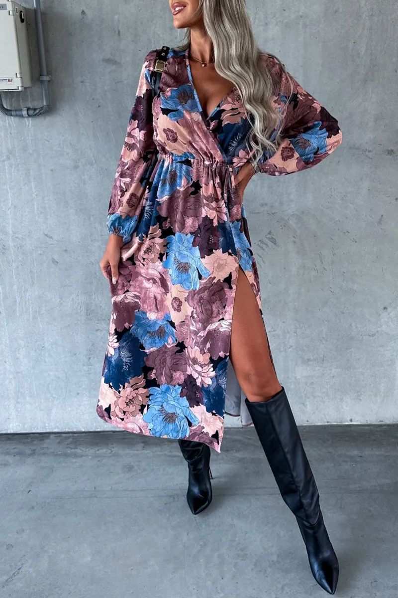 Elegant Floral Slit V Neck Printed Dresses