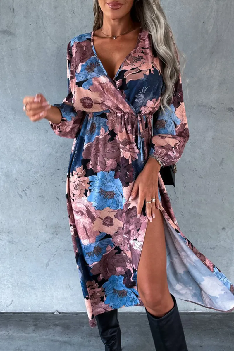 Elegant Floral Slit V Neck Printed Dresses