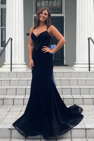 Elegant Mermaid V-Neck Spaghetti Straps Velvet Formal Prom Dresses with Bow