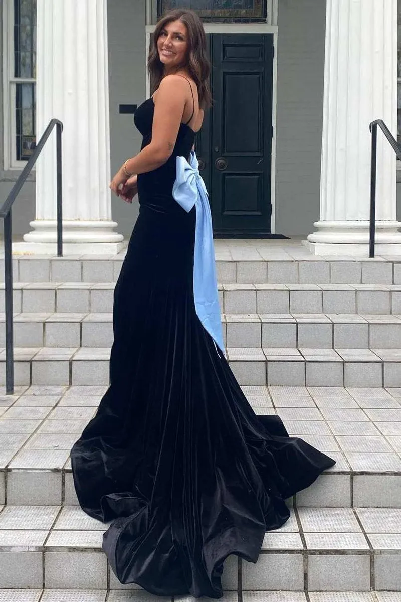 Elegant Mermaid V-Neck Spaghetti Straps Velvet Formal Prom Dresses with Bow