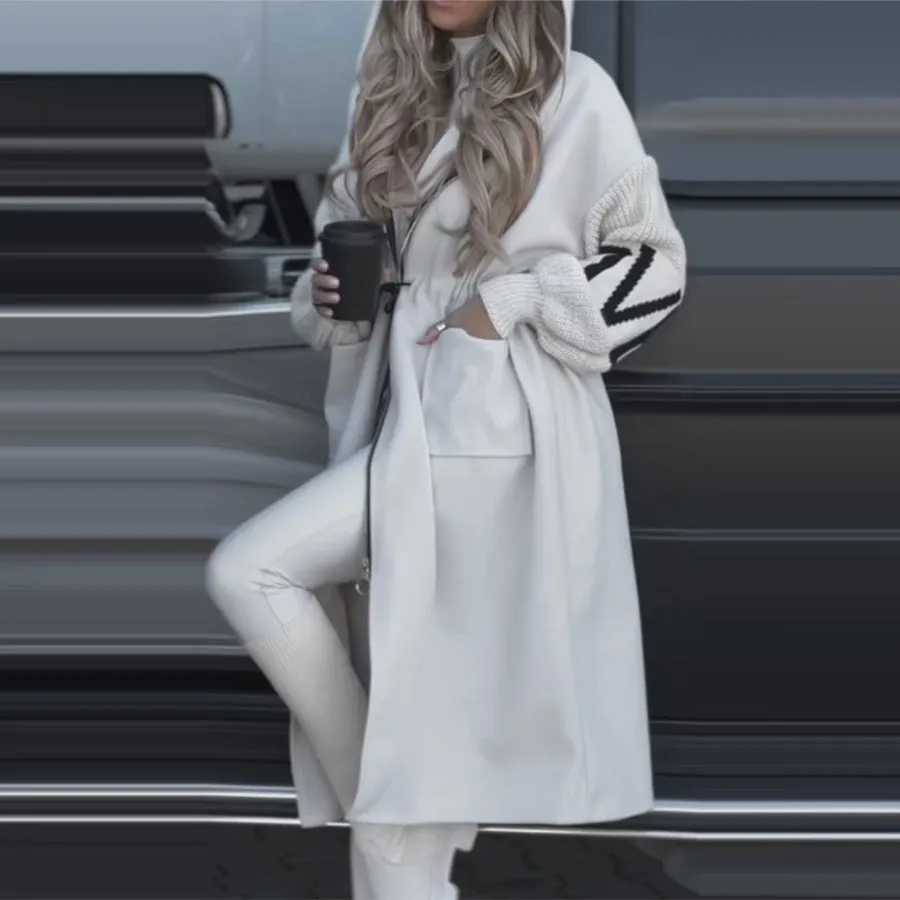 Elegant Oversized Hooded Patchwork Jacket with Knitted Sleeves