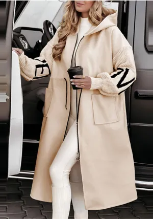 Elegant Oversized Hooded Patchwork Jacket with Knitted Sleeves