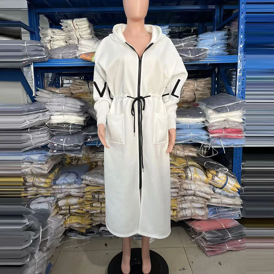 Elegant Oversized Hooded Patchwork Jacket with Knitted Sleeves