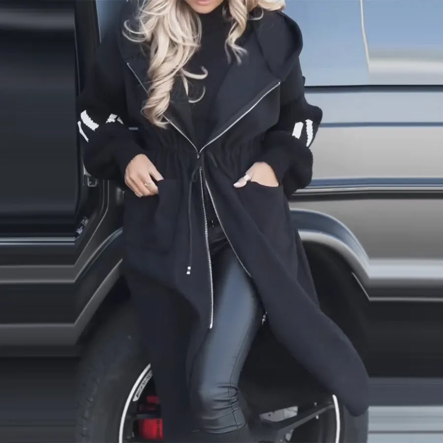 Elegant Oversized Hooded Patchwork Jacket with Knitted Sleeves