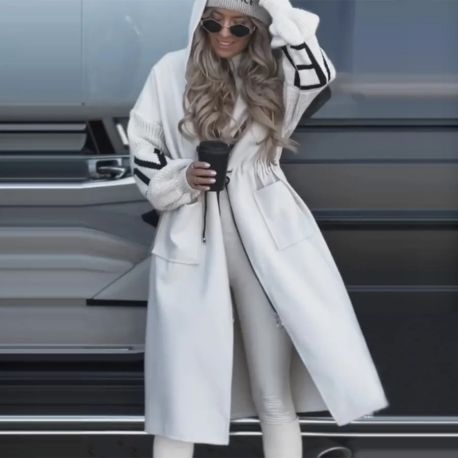 Elegant Oversized Hooded Patchwork Jacket with Knitted Sleeves