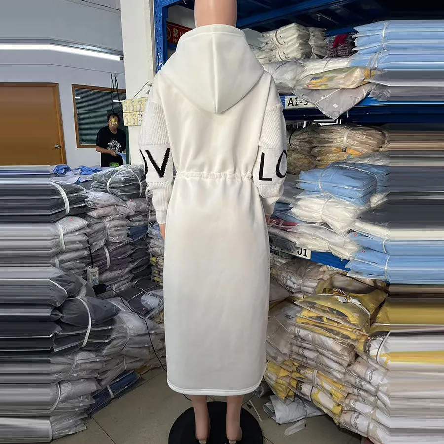 Elegant Oversized Hooded Patchwork Jacket with Knitted Sleeves