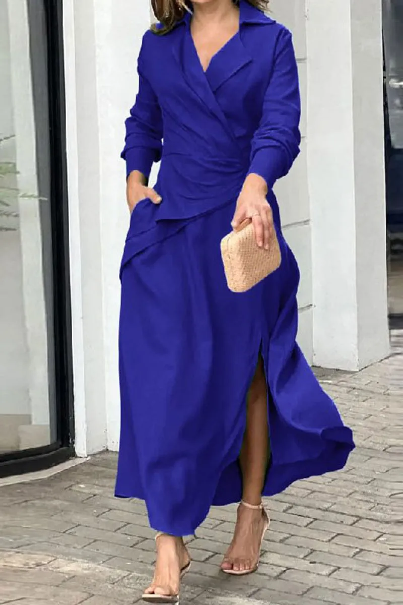 Elegant Solid Slit Fold Turndown Collar Shirt Dresses