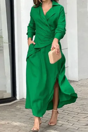 Elegant Solid Slit Fold Turndown Collar Shirt Dresses