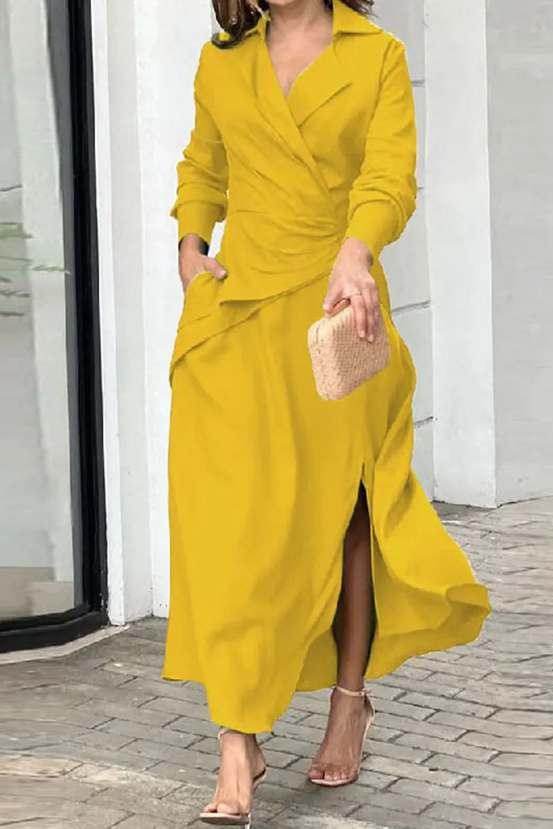 Elegant Solid Slit Fold Turndown Collar Shirt Dresses