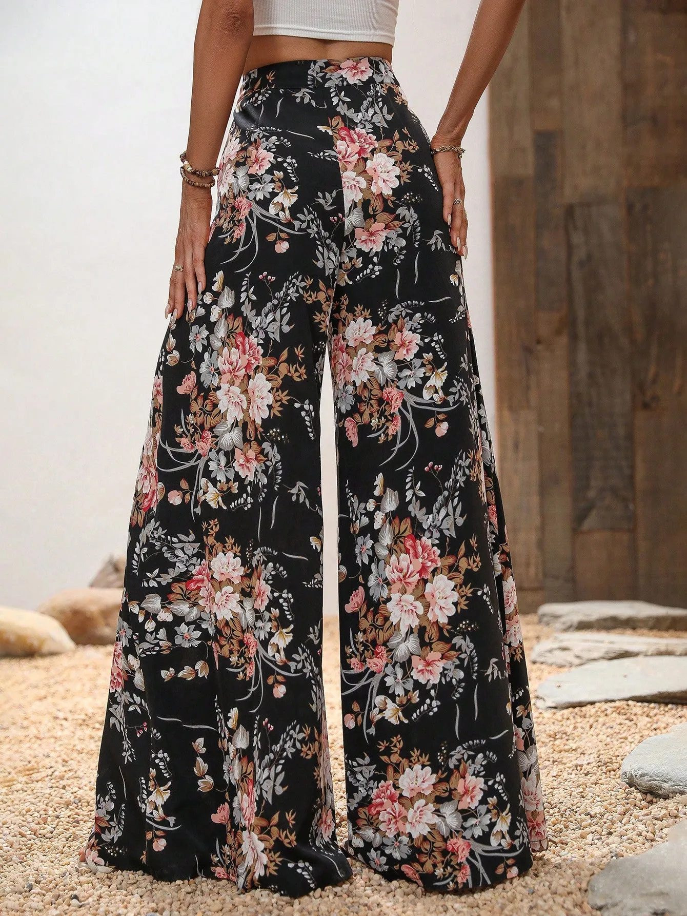 Floral Print Belted Wide Leg Pants