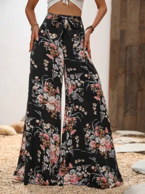 Floral Print Belted Wide Leg Pants