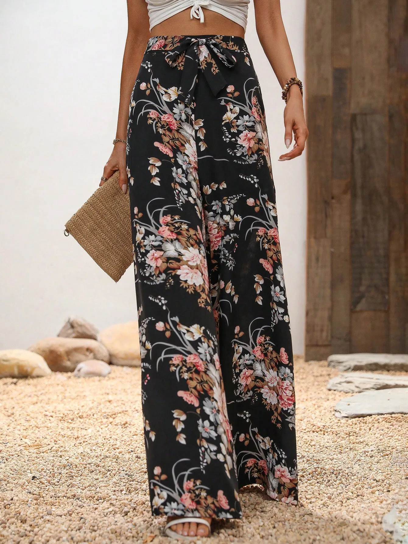 Floral Print Belted Wide Leg Pants