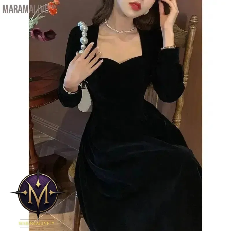 French Black Dress Velvet Dresses Women 2024 Spring and Fall New Waisted Fairy Style Dress Female High Class Elegant Party Dress