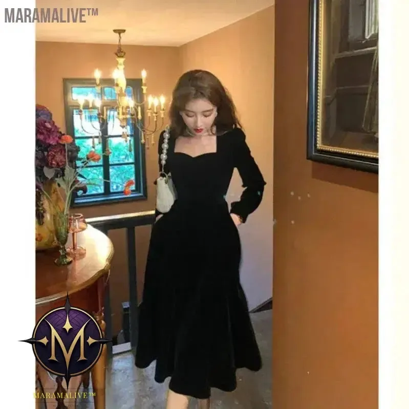 French Black Dress Velvet Dresses Women 2024 Spring and Fall New Waisted Fairy Style Dress Female High Class Elegant Party Dress
