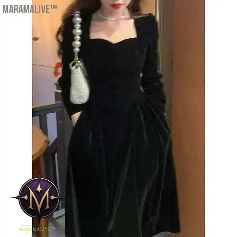 French Black Dress Velvet Dresses Women 2024 Spring and Fall New Waisted Fairy Style Dress Female High Class Elegant Party Dress