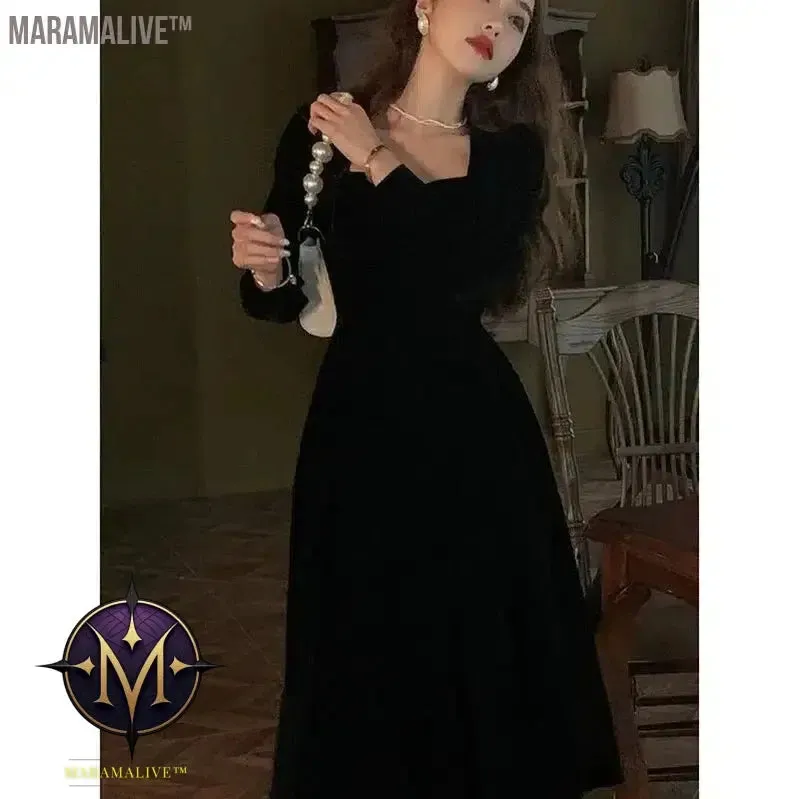 French Black Dress Velvet Dresses Women 2024 Spring and Fall New Waisted Fairy Style Dress Female High Class Elegant Party Dress