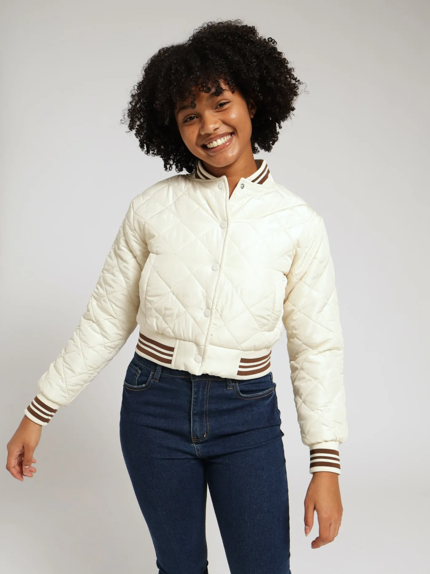 Girls Quilted Baseball Bomber Jacket - Cream