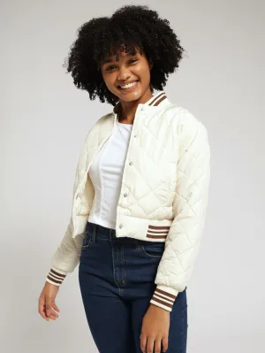 Girls Quilted Baseball Bomber Jacket - Cream