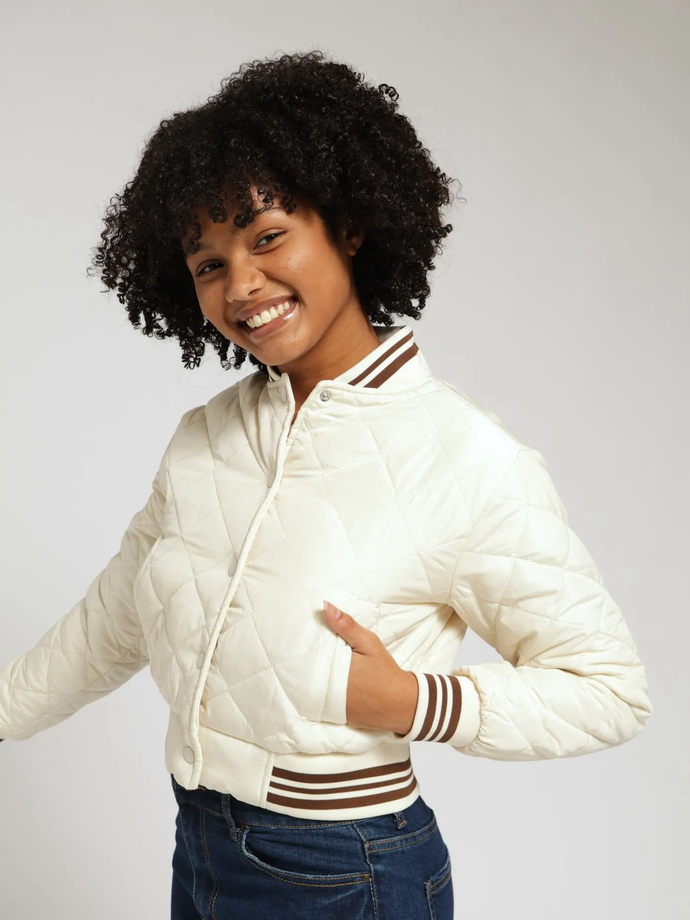 Girls Quilted Baseball Bomber Jacket - Cream
