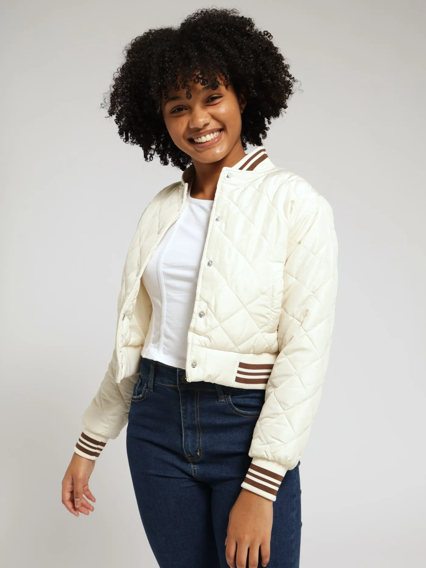 Girls Quilted Baseball Bomber Jacket - Cream