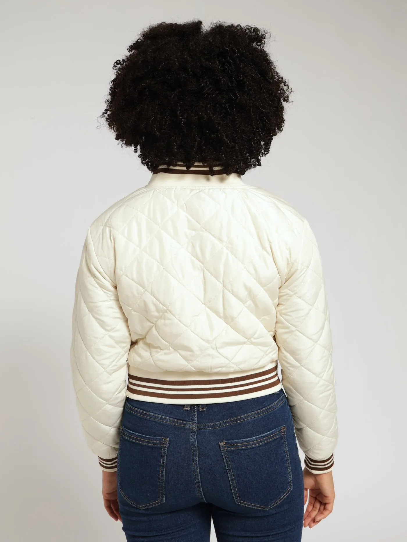Girls Quilted Baseball Bomber Jacket - Cream