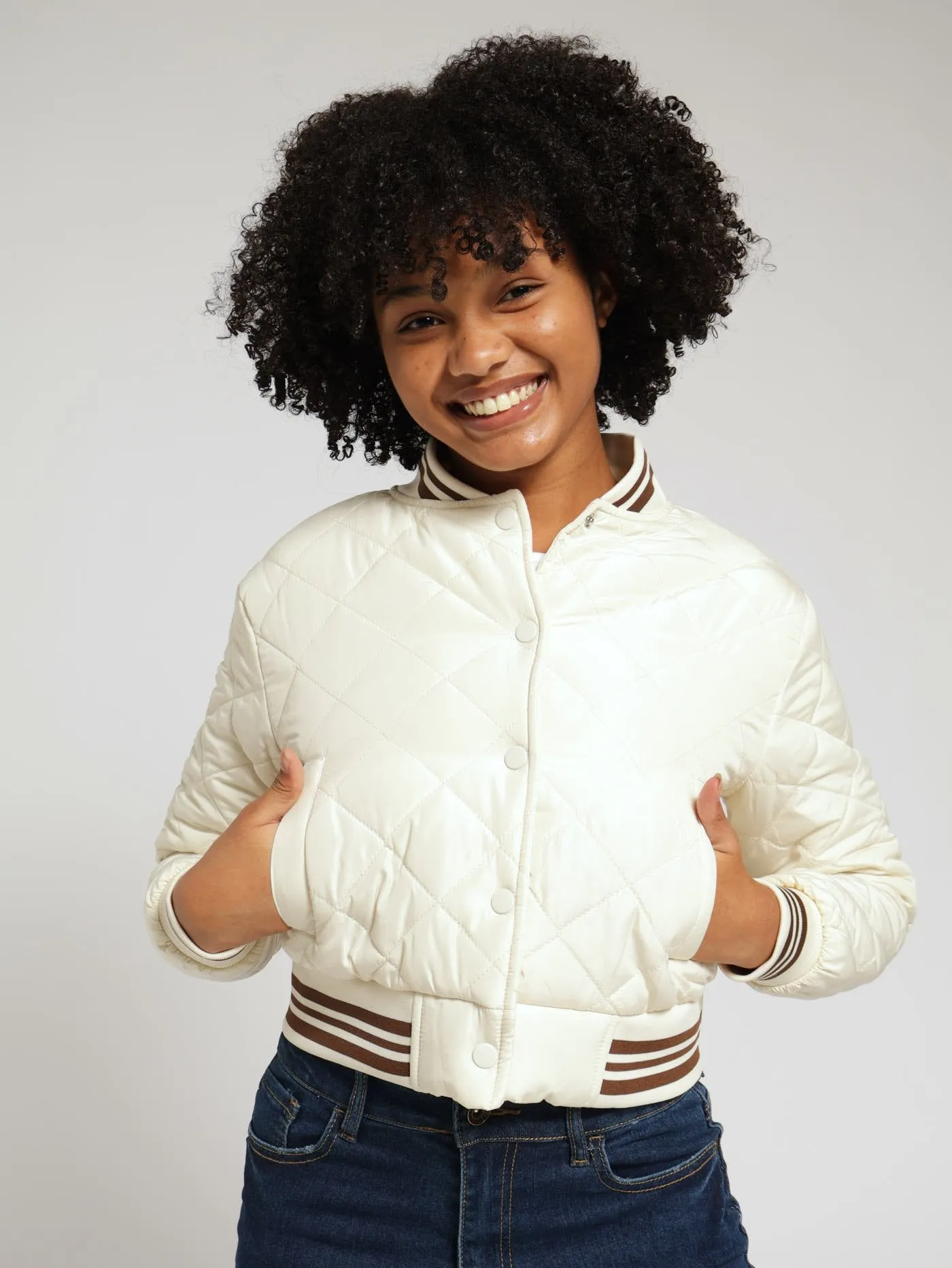 Girls Quilted Baseball Bomber Jacket - Cream