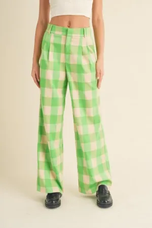 Green Apple Wide Leg Plaid Trouser Pant