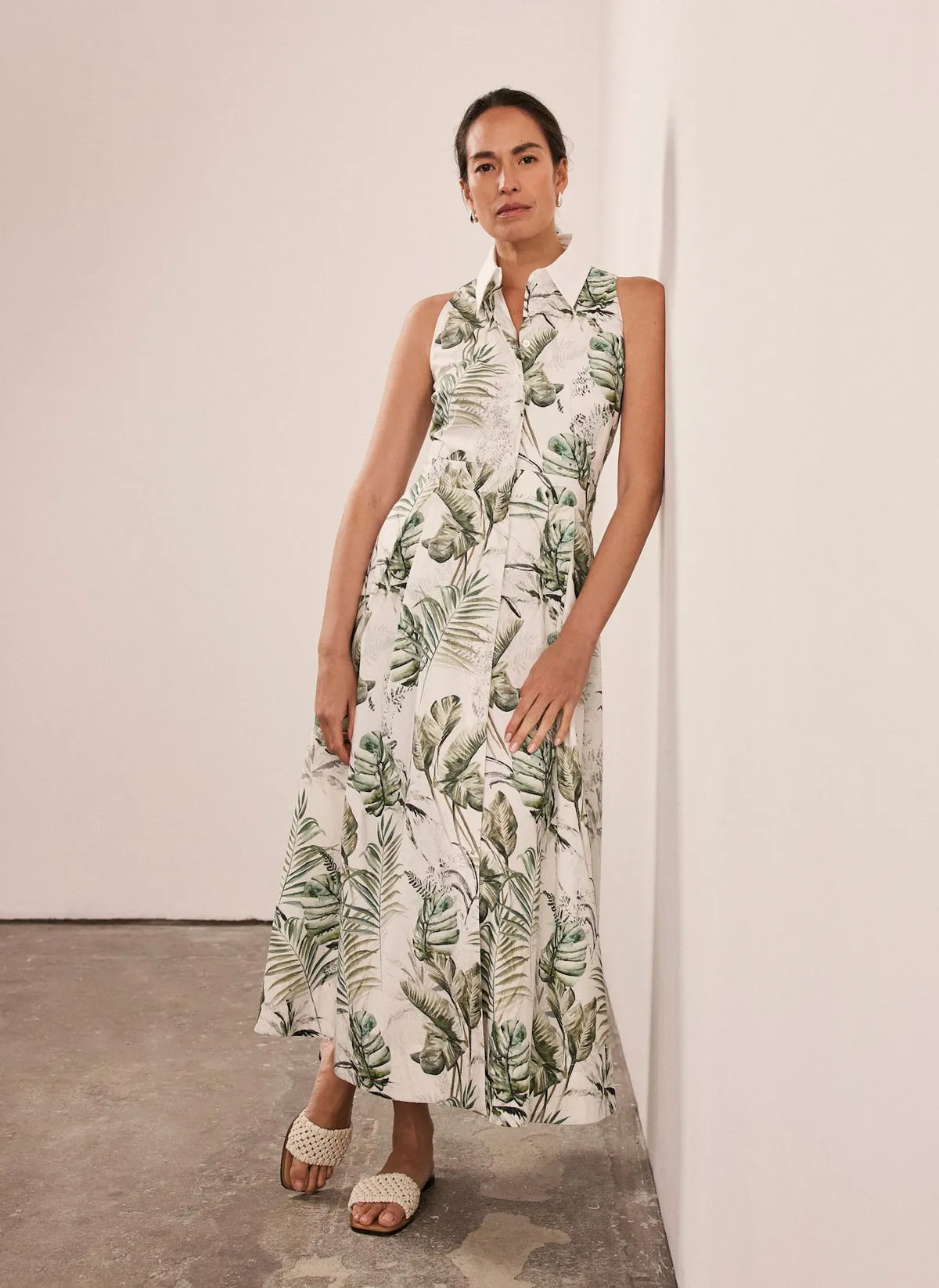 Green Palm Print Midi Shirt Dress