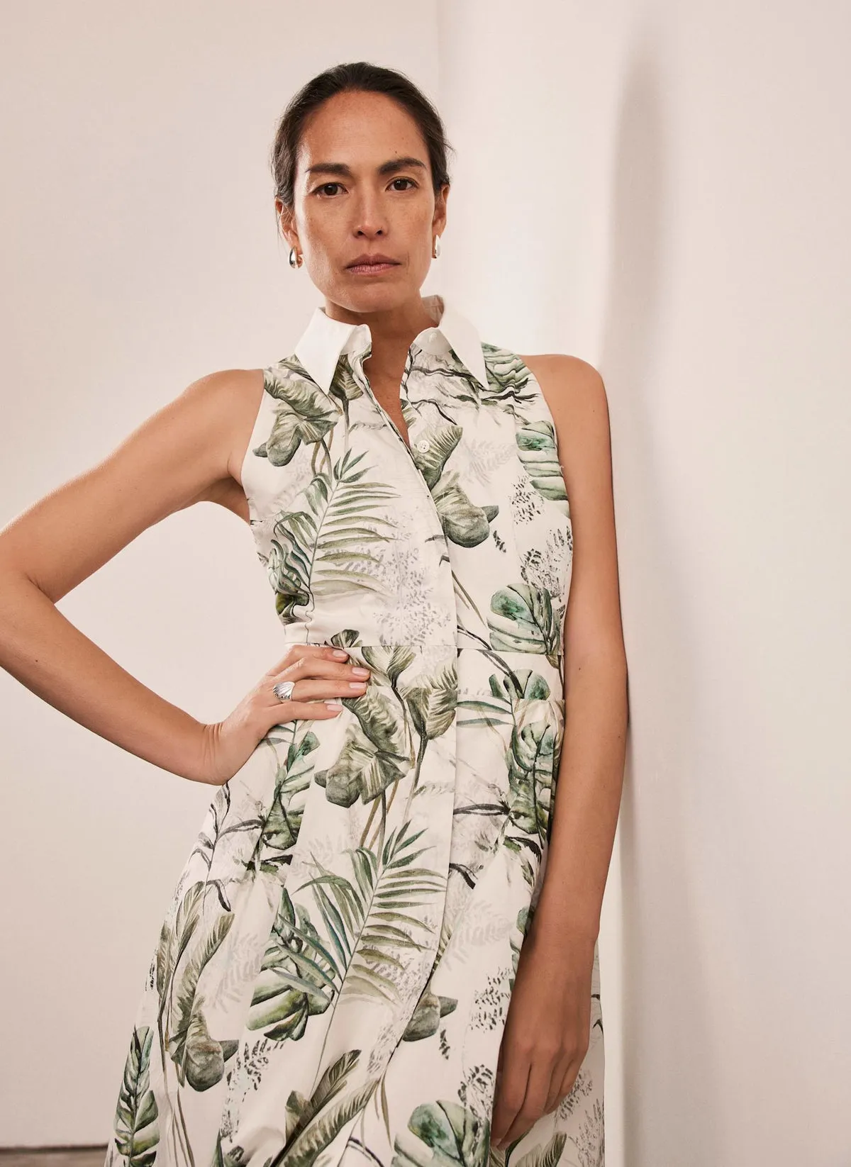 Green Palm Print Midi Shirt Dress