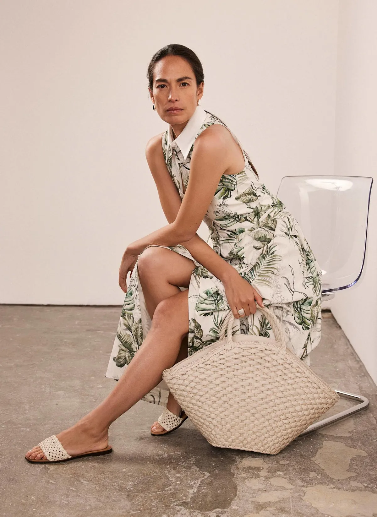 Green Palm Print Midi Shirt Dress
