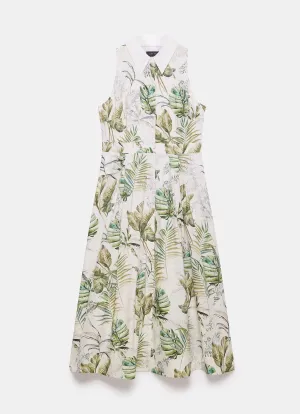 Green Palm Print Midi Shirt Dress